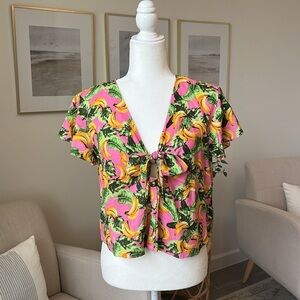 BuddyLove Banana Havana Tie Front V-Neck Flutter Sleeve Button Up Top Small